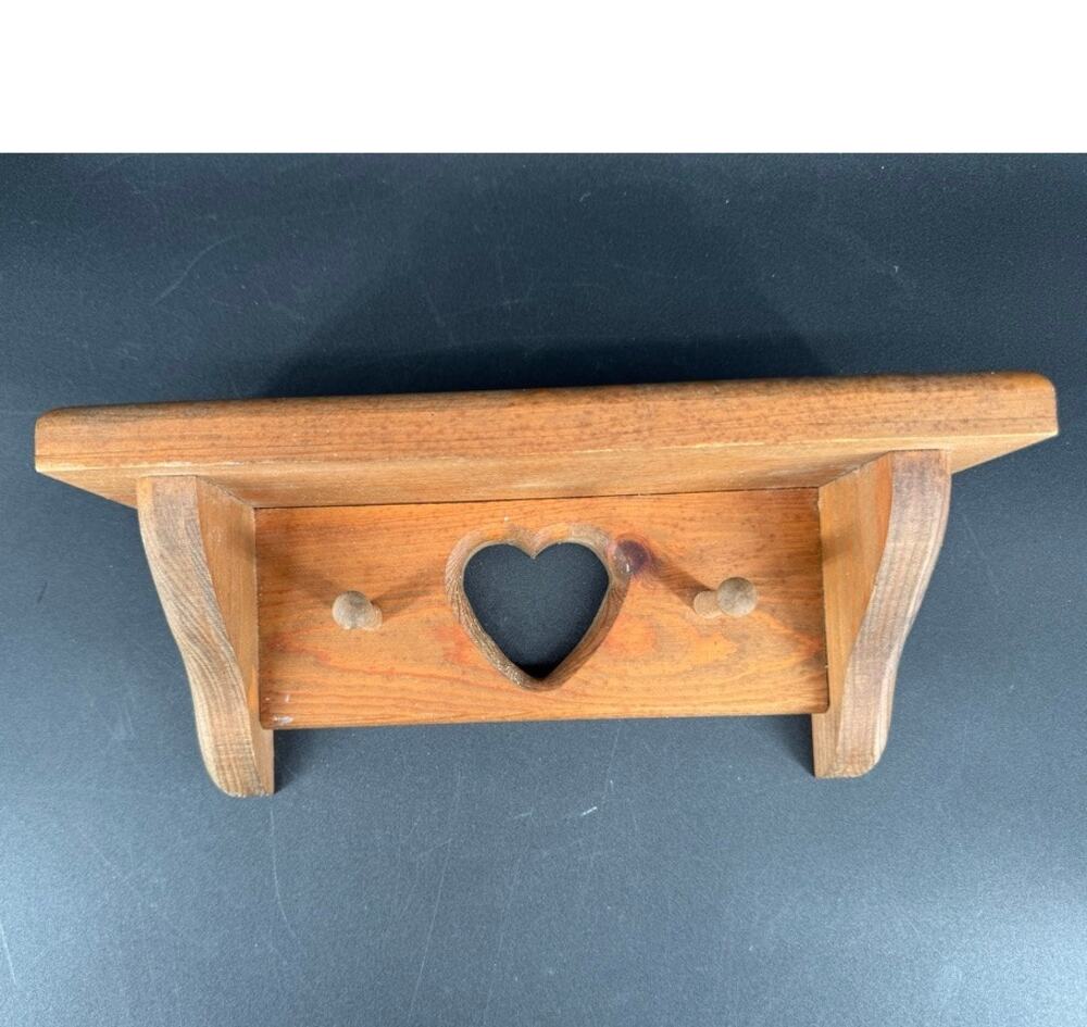 Vintage Wood Wall Shelf Heart Cutout Pegs 10.5” Primitive Country Cottage Decor